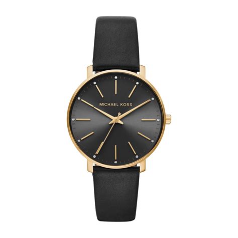 michael kors komplett schwarze frauenuhr|Michael Kors black leather watch.